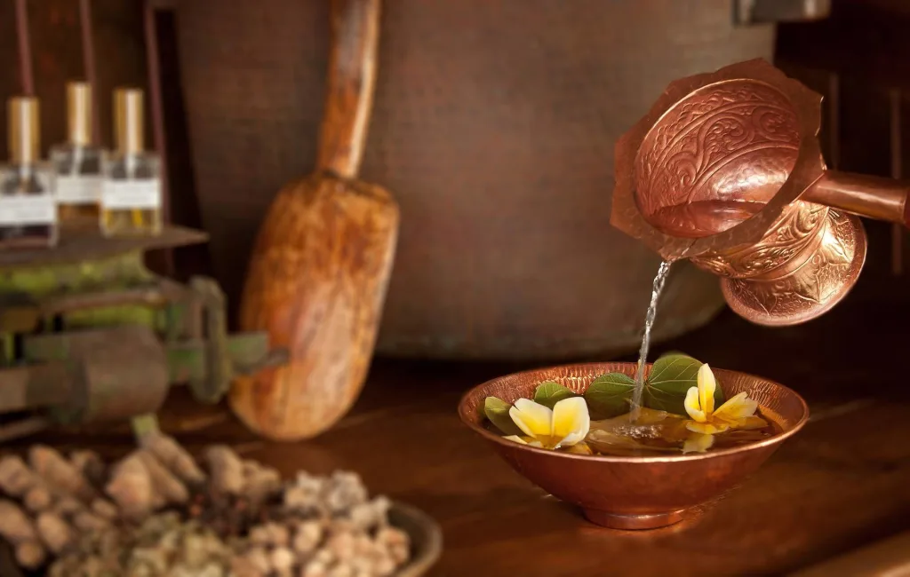 Brewing up a flower infusion at Fivelements Puri Ahimsa